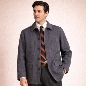 Vintage Blue Herringbone Wool Jacket Size M Cozy Workwear Chore Coat Layering